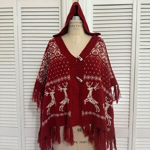 Coco + Carmen Red/Wht Reindeer Hooded Knit Cape-Poncho Sz-S/M
